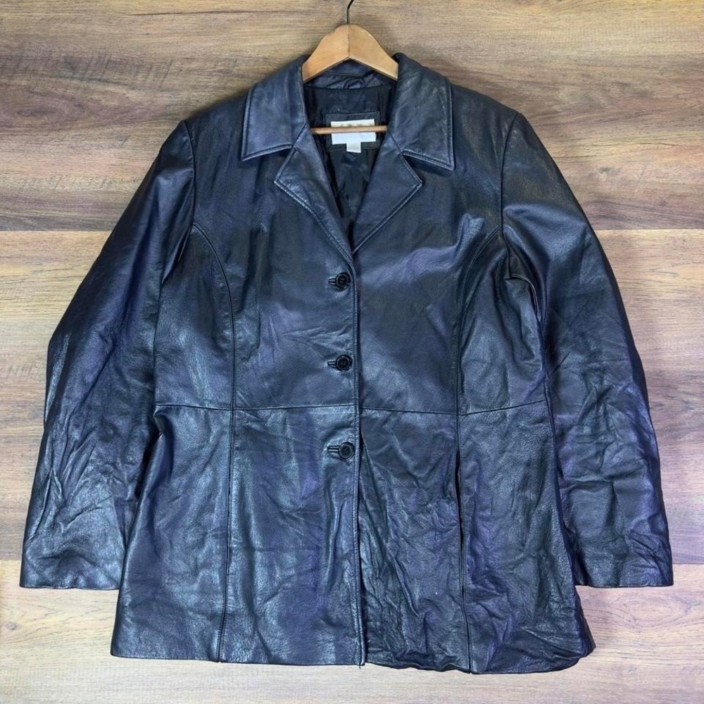 Worthington Genuine Leather Coat Women's XL‎ Black Button Front
